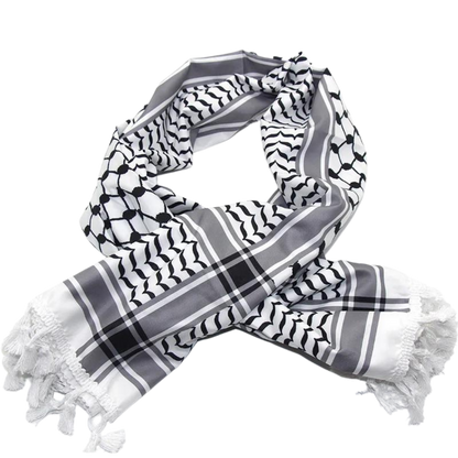 A white keffiyeh (traditional Palestinian headscarf) folded neatly on display. The scarf features a classic pattern of interwoven lines and geometric shapes, symbolizing cultural identity and resistance. The material appears soft and lightweight, perfect for both fashion and practical use. This keffiyeh is part of the "Shadow Resurgence" collection, emphasizing its modern, bold aesthetic while honoring its deep historical roots.